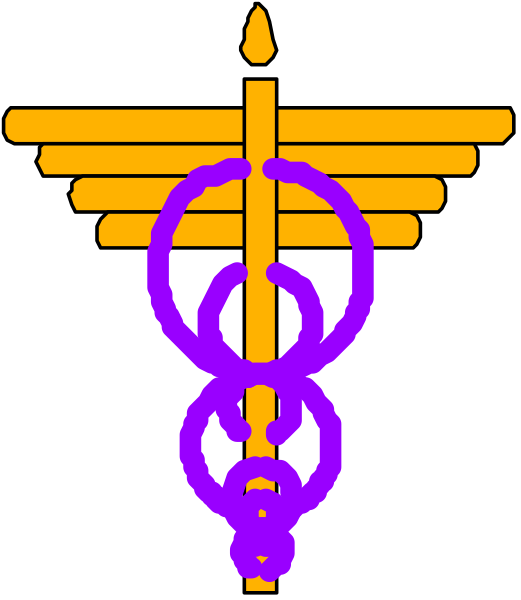 The image shows a stylized graphic of an emblem with medical cross symbols on either side, resembling healthcare-related insignia; in between these two signs is what appears to be a shield bearing three interconnected rings and above it, there's a purple circle that could represent some form of symbol or logo. The background color contrasting the graphic elements seems dark grey with white outlines for clarity.