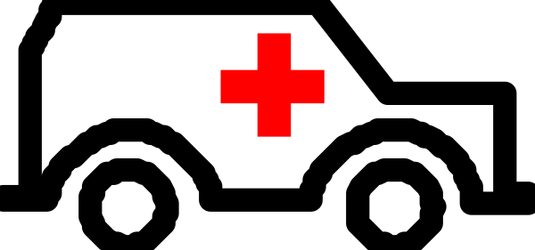 The image shows a pixelated representation of an emergency cross with red background on left side against gray backdrop.