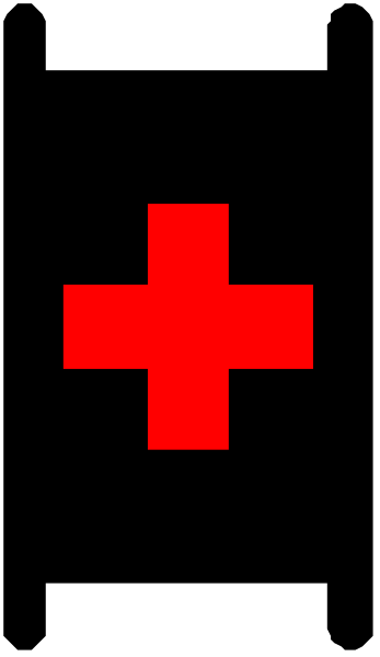 The image shows a pixelated representation of an emergency cross symbol on a dark background with two vertical lines to its right side forming what appears to be a window frame.