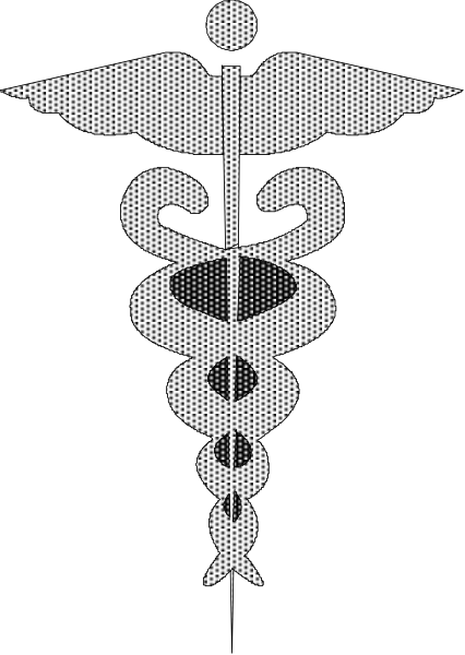 The black and white emblem of a medical cross with serpent entwined around it on top of an open book.