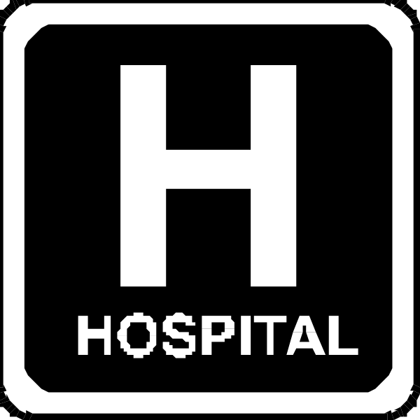 The image shows a black sign with white text that reads "Hospital" at both ends of an oval shape containing the word "HOSPITAL."