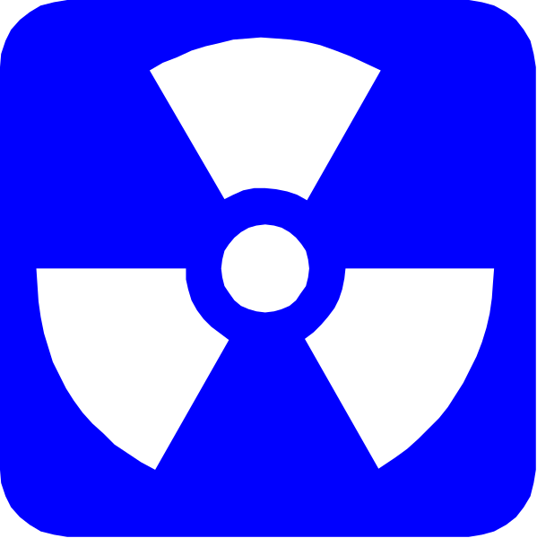 The image shows a blue radiation symbol with an exclamation mark inside it on top of what appears to be a white background.