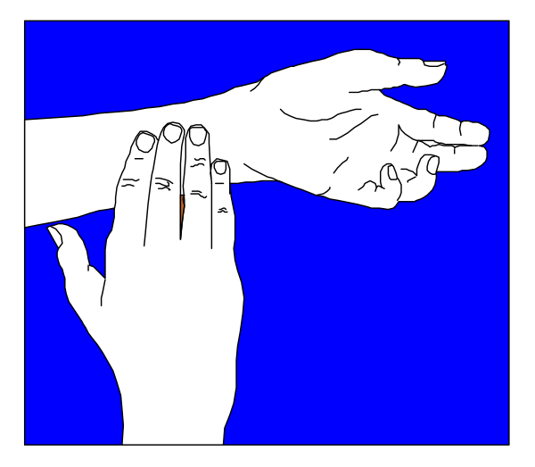 The image shows a blue hand with fingers spread out against a white background on top of another smaller picture that appears to be an illustration of hands clasped together in prayer or blessing position.