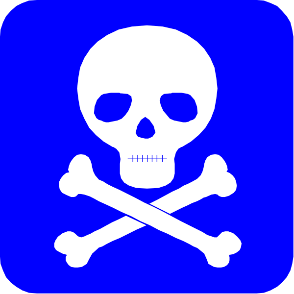 The image shows a blue skull with crossed bones inside an icon that resembles a warning sign.
