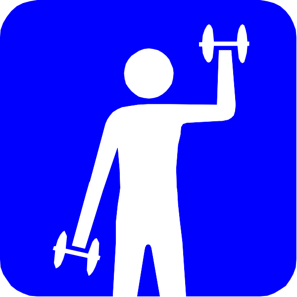 The image shows a blue sign with white text featuring an icon of a person holding two dumbbells above their head as if exercising.