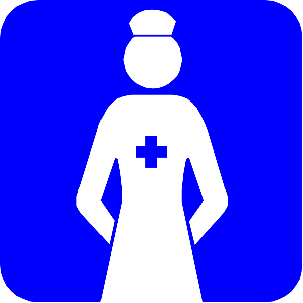 The image shows a blue sign with white text that reads "WOMAN" next to an icon of a nurse wearing a cross symbolizing medical assistance.