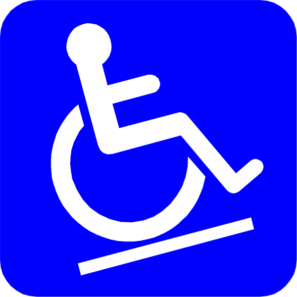 The image shows a blue handicap sign with an icon of a wheelchair on it against a white background.