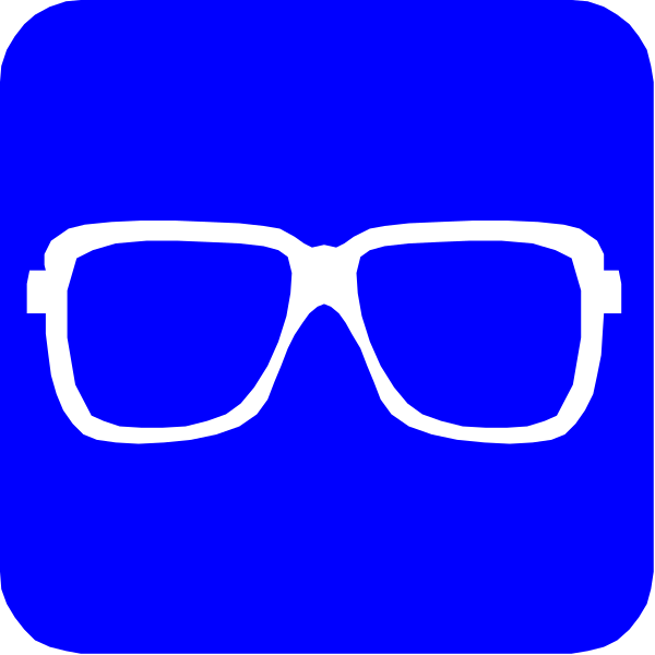 The image shows a blue icon with two white squares on either side of it; each square contains an illustration: to the left is a pair of sunglasses facing forward, while to the right there's a stylized face wearing glasses and looking upwards towards them.