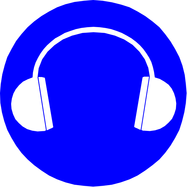 The image shows a blue circle with two white headphones inside it against a black background.