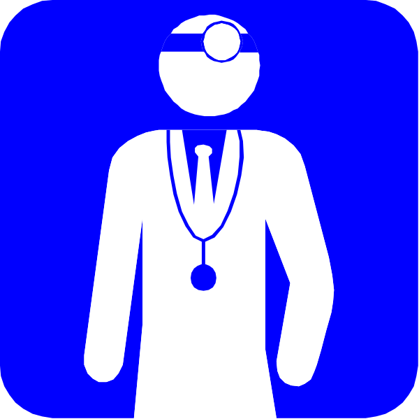 The icon features a blue background with white text that reads "Doctor" at top left corner of an illustration depicting a stylized male figure wearing glasses, holding what appears to be a tablet in his right hand and dressed as a doctor's assistant or nurse; he is standing next to the word 'doctor'.
