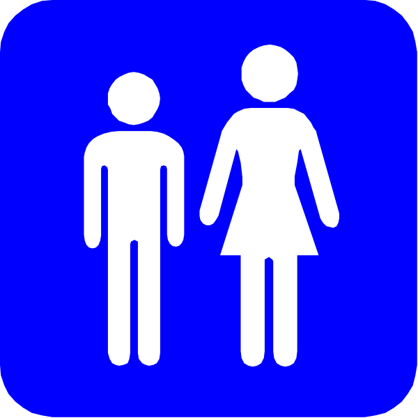 The image shows a blue sign with white symbols indicating that it's for men and women to use separate restrooms; there is no text present in this clip-art representation of public facilities.