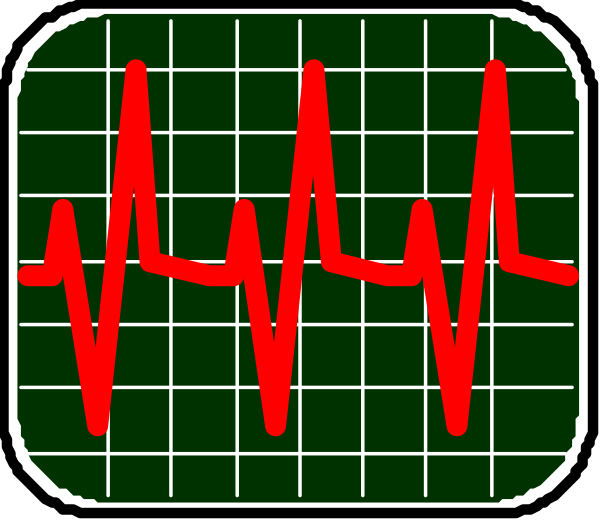 The image shows a graphic representation of an ECG monitor with red heartbeat lines on it against a black background within two square frames placed side by side.
