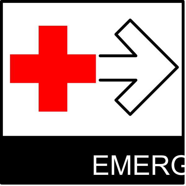 The image shows a black background with two red crosses on either side of an emergency sign that reads "Emergency."
