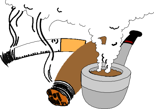 The black and white cartoon shows a cigarette smoking into an ashtray with smoke rising from it; above this scene is another depiction of cigarettes in various states: one lit on top of a bowl, two more being smoked by hands holding them up to their mouths, and three others floating around.