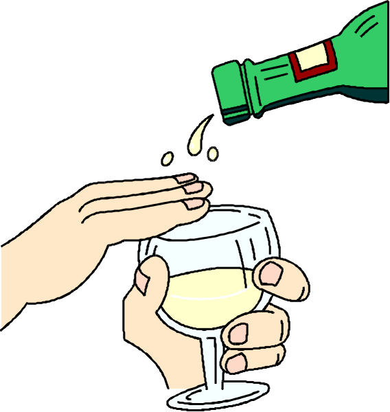 The illustration shows a hand pouring liquid from an open bottle into a wine glass held by another person who is standing behind it.