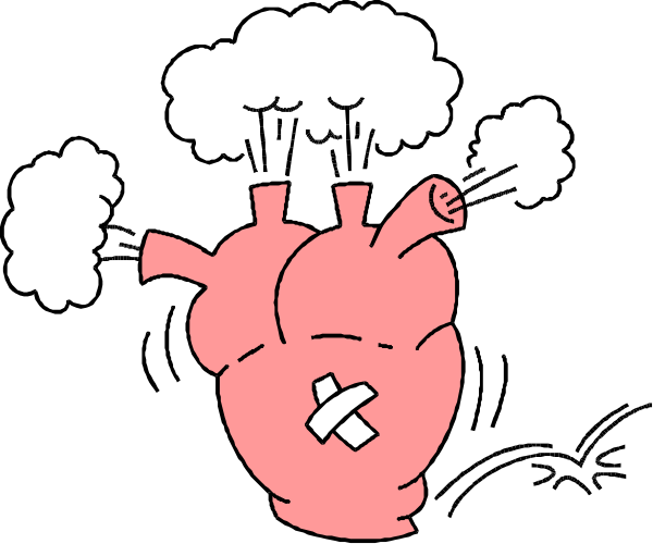 The image shows a cartoon of an exploding heart with smoke coming out from it against a black background.
