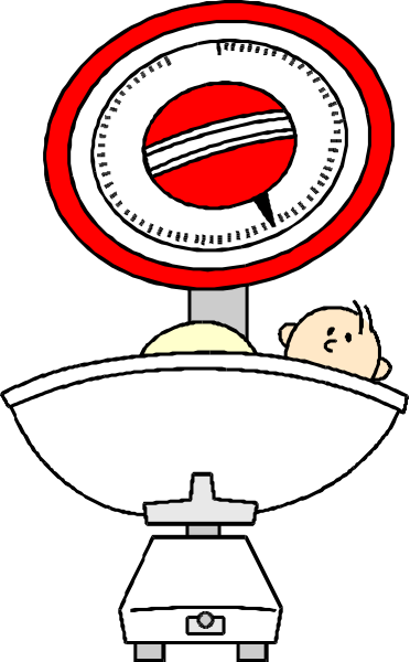 The cartoon shows a baby lying inside an ultrasound machine with its head resting on top of it while being scanned by what appears to be medical equipment; there is also a scale in front of them, and above their feet hangs another red circular object that resembles the same type of device.