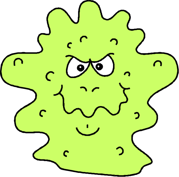 The image shows a cartoon of an angry green blob with eyes on it against a black background.