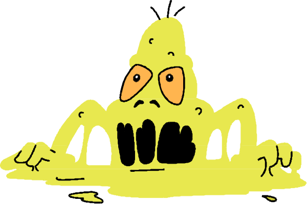 The cartoon shows a yellow blob with eyes on it floating above an open book that has been spilled upon by what appears to be mustard-like substance; there is no text present in this image.