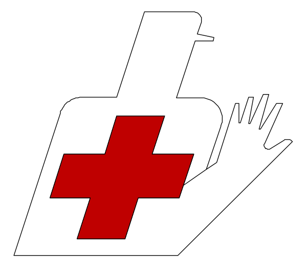 The image shows a black and white logo with two hands forming an "X" shape at its center; above each hand is one of three symbols: on top left, there's a red cross inside a circle representing medical aid (first-aid kit); in the middle right corner, there are silhouettes of people reaching out to someone or something not visible within this image. The background appears plain and does not provide additional context about setting or environment.