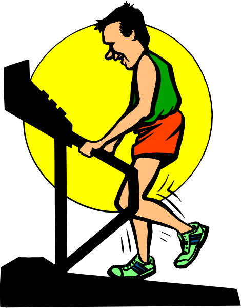 The illustration shows a man jogging on an indoor track with his arms outstretched for balance while wearing shorts and sneakers; he is looking down at something off-frame to his right.