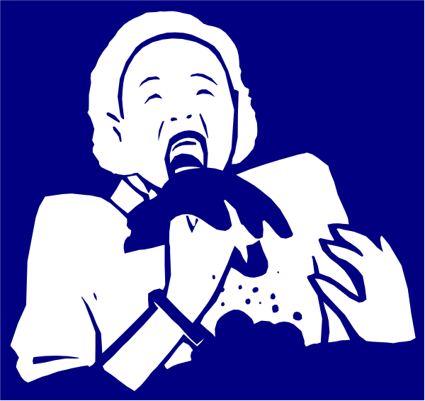 The image shows a cartoon of an elderly woman with white hair wearing glasses eating food from her hands while sitting at what appears to be a table in front of a blue background.