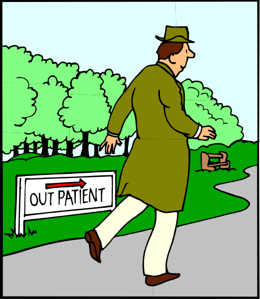 The illustration depicts a man walking on a sidewalk towards an "Out Patient" sign at what appears to be a hospital entrance in front of trees with green leaves.