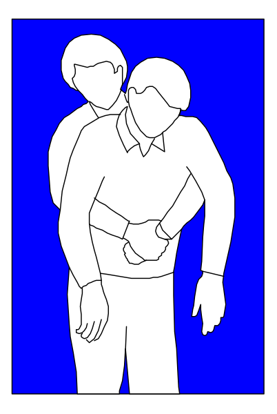 The image shows a man standing behind another person who appears to be embracing him from behind; both individuals seem to have their backs turned towards each other with one facing forward while the other faces away in what looks like an embrace, set against a blue background that transitions into black at the bottom of the frame.