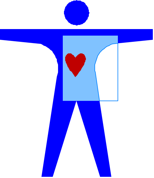 The image shows a blue stick figure with an open heart on its torso standing next to what appears to be a white box labeled "heart" in black text.