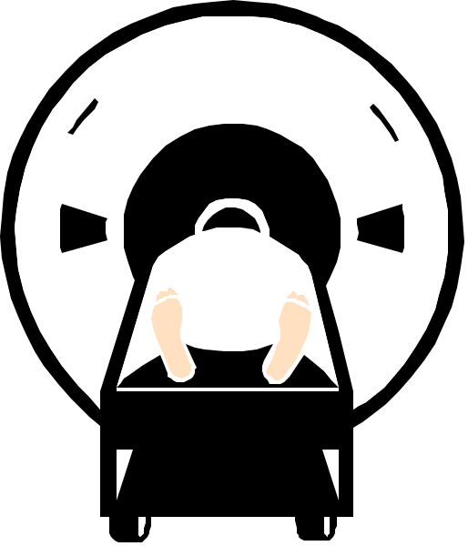 The image shows a black and white illustration of an MRI scan with two figures inside it: on top is what appears to be a person's head wearing glasses; below that figure seems like another humanoid shape, but without more context, I cannot confidently describe this one further.