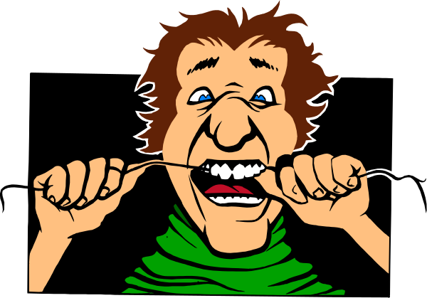 The cartoon shows a man with an exaggeratedly large mouth brushing his teeth while holding onto it to prevent falling out of place due to its size; he is wearing glasses over eyes that appear surprised by this situation, and there's no visible background or setting in the image provided.