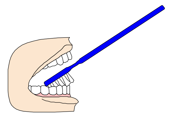 The image shows a cartoon of an open mouth with teeth visible inside it, emitting what appears to be blue light from its tongue area; there is no background detail provided in this clip-art representation.