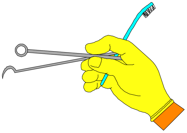 The black and white illustration shows a hand holding tweezers with an object on them over what appears to be a pair of glasses lying face down in front of it.