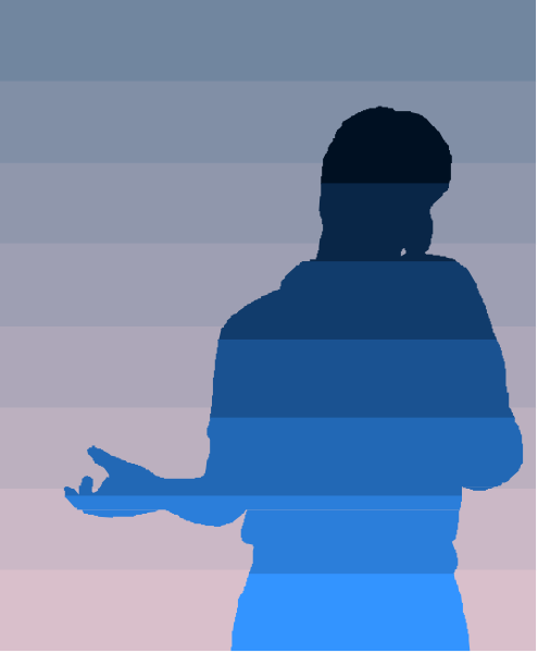 The image shows a person standing against a gradient background with their hands clasped together as if speaking to an audience; it is stylized in a way that suggests motion blur from left to right across different shades of blue and purple, giving depth to the silhouette figure.