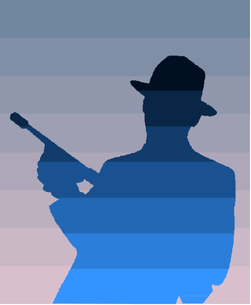 The image features a silhouette of an adult male figure holding a gun against his hip while standing on what appears to be sandy ground at sunset with a gradient sky transitioning from blue near the horizon to pink and orange above, suggesting it is either dawn or dusk.