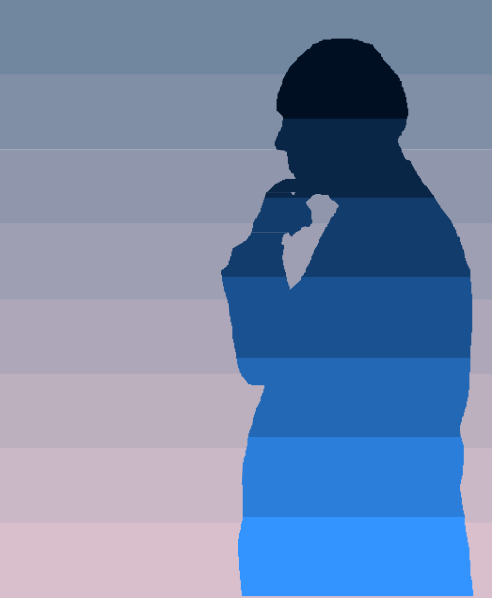 The image shows a silhouette of an adult male figure standing against a gradient background that transitions from blue to pink at the top right corner.
