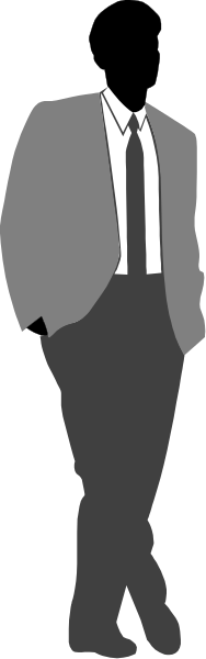 The black and white silhouette of a person standing with their hands on hips against a gray background.