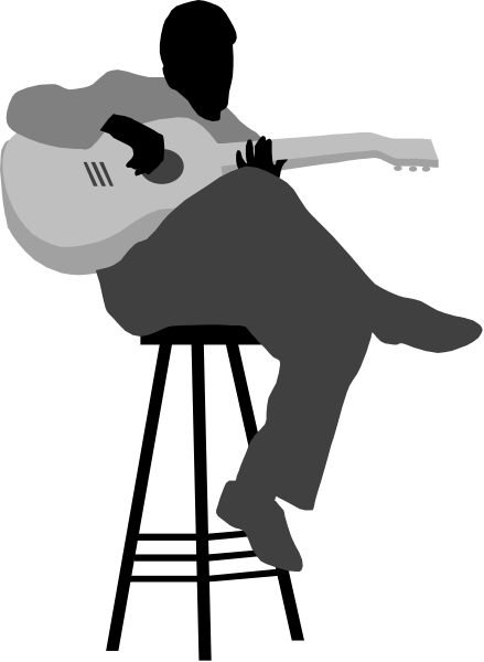 The image shows a cartoon of an animated man playing guitar with his body leaning back as if he's performing music; there is no text present in this small clip-art illustration.