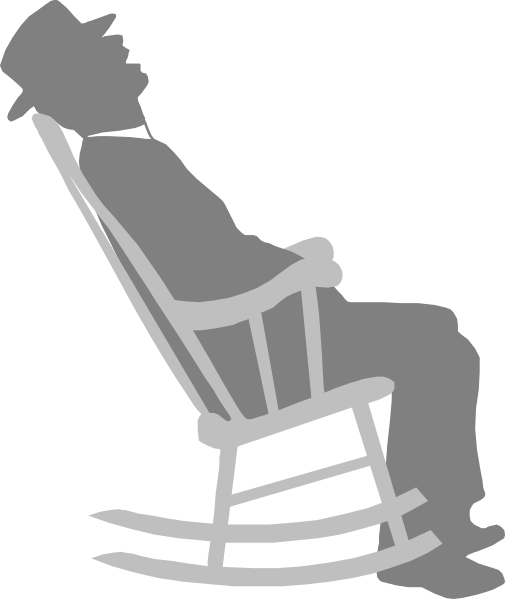 The black and white illustration shows a man sitting on an empty rocking chair with his feet up, appearing relaxed as if he is taking it easy in front of him there's nothing to do but sit back and enjoy life.