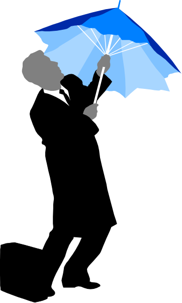 The image shows a person holding an umbrella on their head while standing outside during rainy weather.