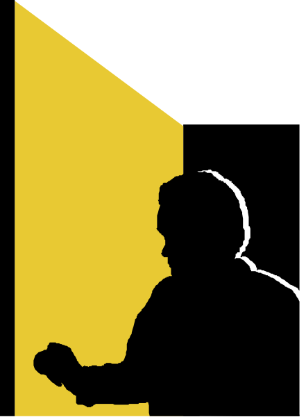 The image shows a person standing inside an open doorway with their back to us; we can only see them from behind as silhouette against bright light outside of what appears to be a building at nighttime.