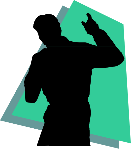 The image shows a black silhouette of an adult human figure standing with arms outstretched against a dark background that has geometric shapes in shades of blue-green on either side.