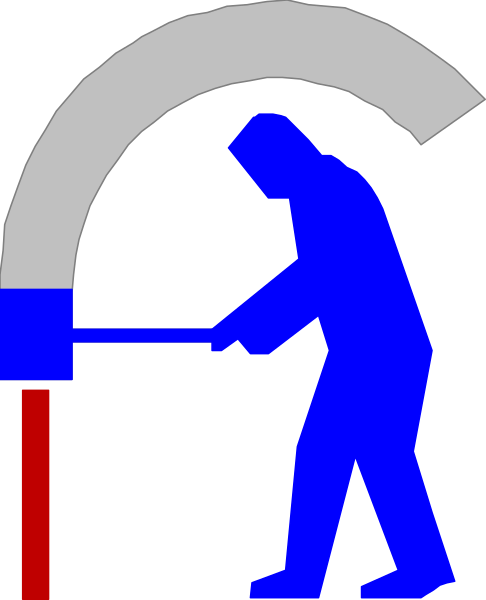 The image shows a blue silhouette of an individual holding onto a red fire hydrant with their left hand while using a wrench on it with their right hand in what appears to be a maintenance context, set against a gray background that resembles concrete or pavement.