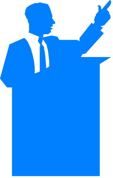 The image shows a pixelated blue silhouette of an adult male figure standing at a podium with his hand raised as if speaking to someone in front of him.