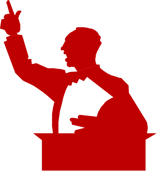 The image shows a red silhouette of an adult male figure standing at a podium with his hand raised as if gesturing while speaking to someone off-camera. He is wearing what appears to be formal attire, including a suit and tie. To the left side of this central figure there's another smaller icon depicting a man in profile who seems to be listening or observing from afar; he has his hand raised as if pointing at something above him but it isn't clear what that is due to its small size within the image. The background behind both figures appears