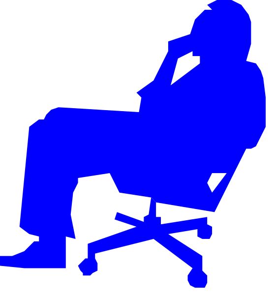 The image shows a blue silhouette of an office chair with someone sitting on it next to another identical but smaller version that is empty; both chairs have wheels at their base.