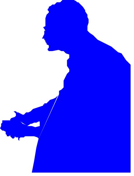 The image shows a blue silhouette of an adult male figure standing with his back to us against what appears to be a dark background; he is holding something in both hands that could possibly resemble food items, but it's not clear from this angle and distance.