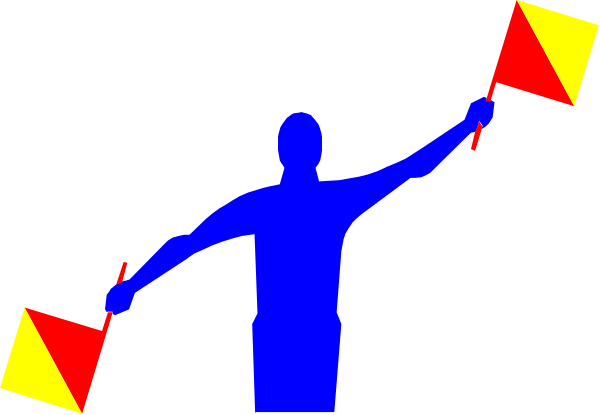 The image shows a silhouette of an individual holding two flags with red triangles on them against a black background.