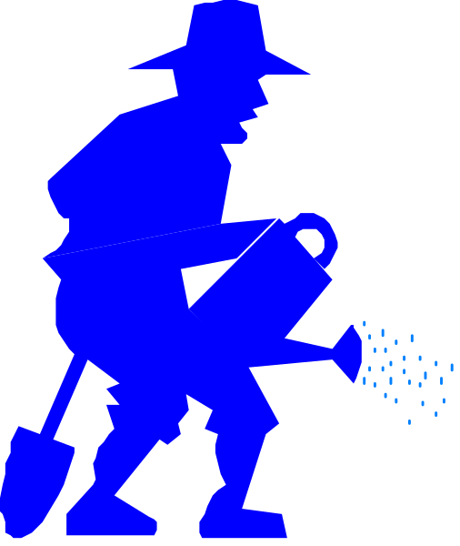The image shows a blue silhouette of an old man watering plants with a hose while holding a shovel in his other hand; he is standing on what appears to be soil under raindrops, and there's no visible background detail due to its small size.