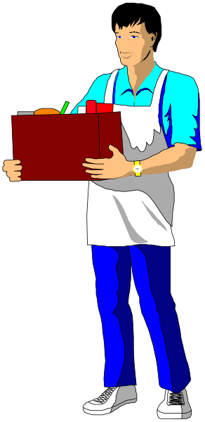 The image shows a cartoon of an adult male character holding two boxes with red tops while standing indoors; he is wearing blue jeans and has short hair.
